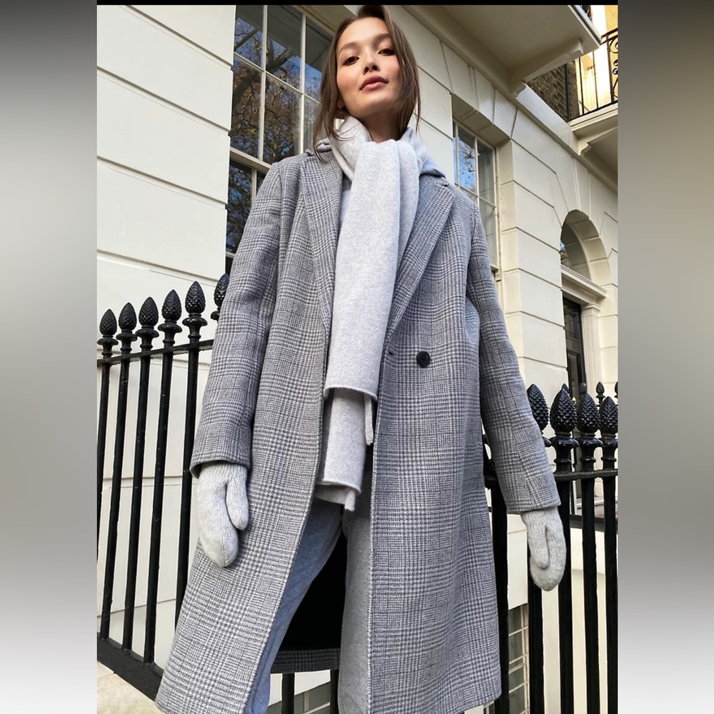 Aritzia Gray Plaid Wool Blend Long Coat
